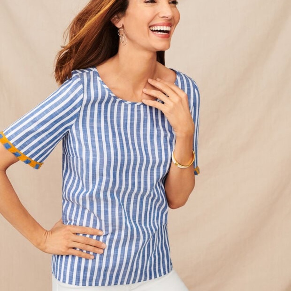 Talbots striped fringe top blue/yellow XL